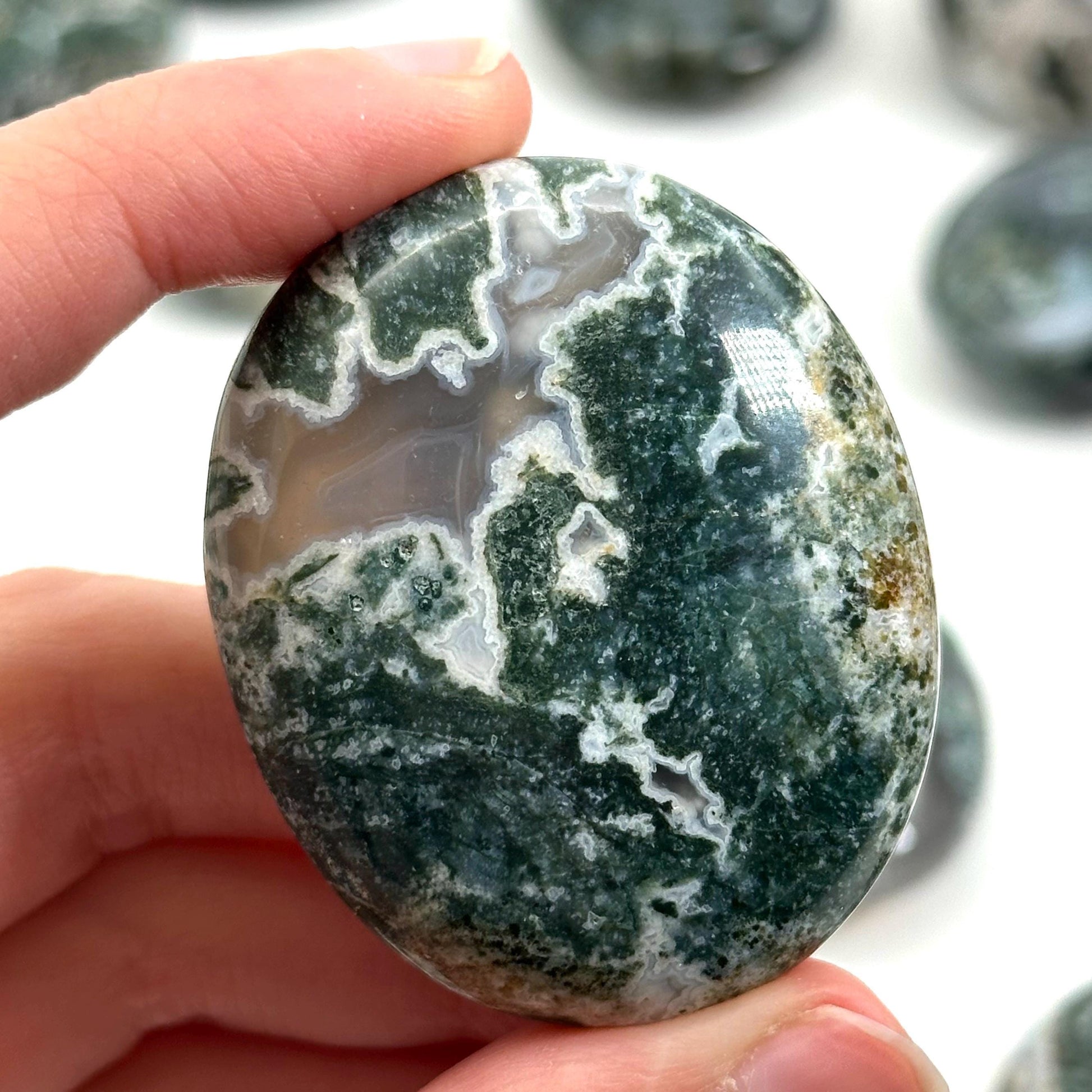 Moss Agate Palm Stone, green moss agate, crystal palm stone, worry stone, polished moss agate