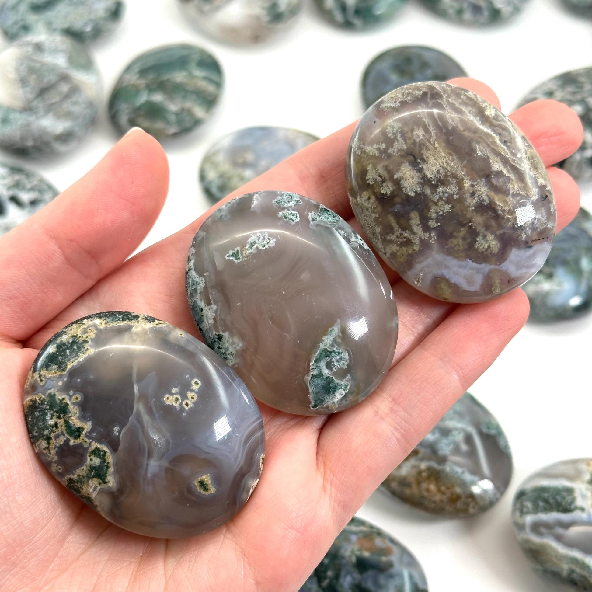 Moss Agate Palm Stone, green moss agate, crystal palm stone, worry stone, polished moss agate