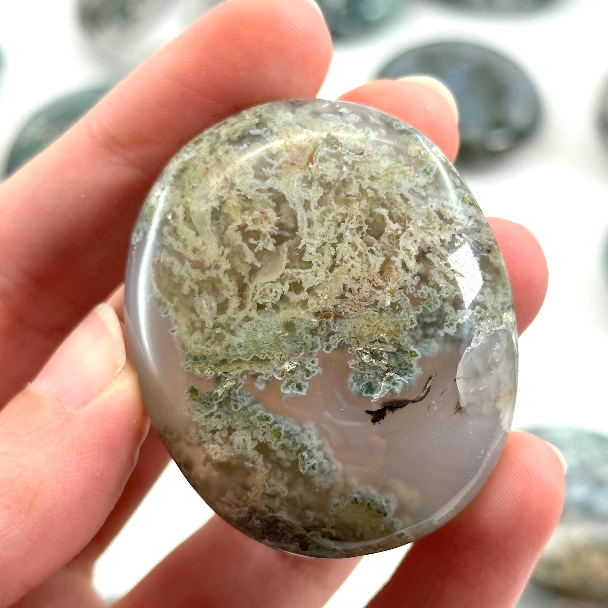 Moss Agate Palm Stone, green moss agate, crystal palm stone, worry stone, polished moss agate