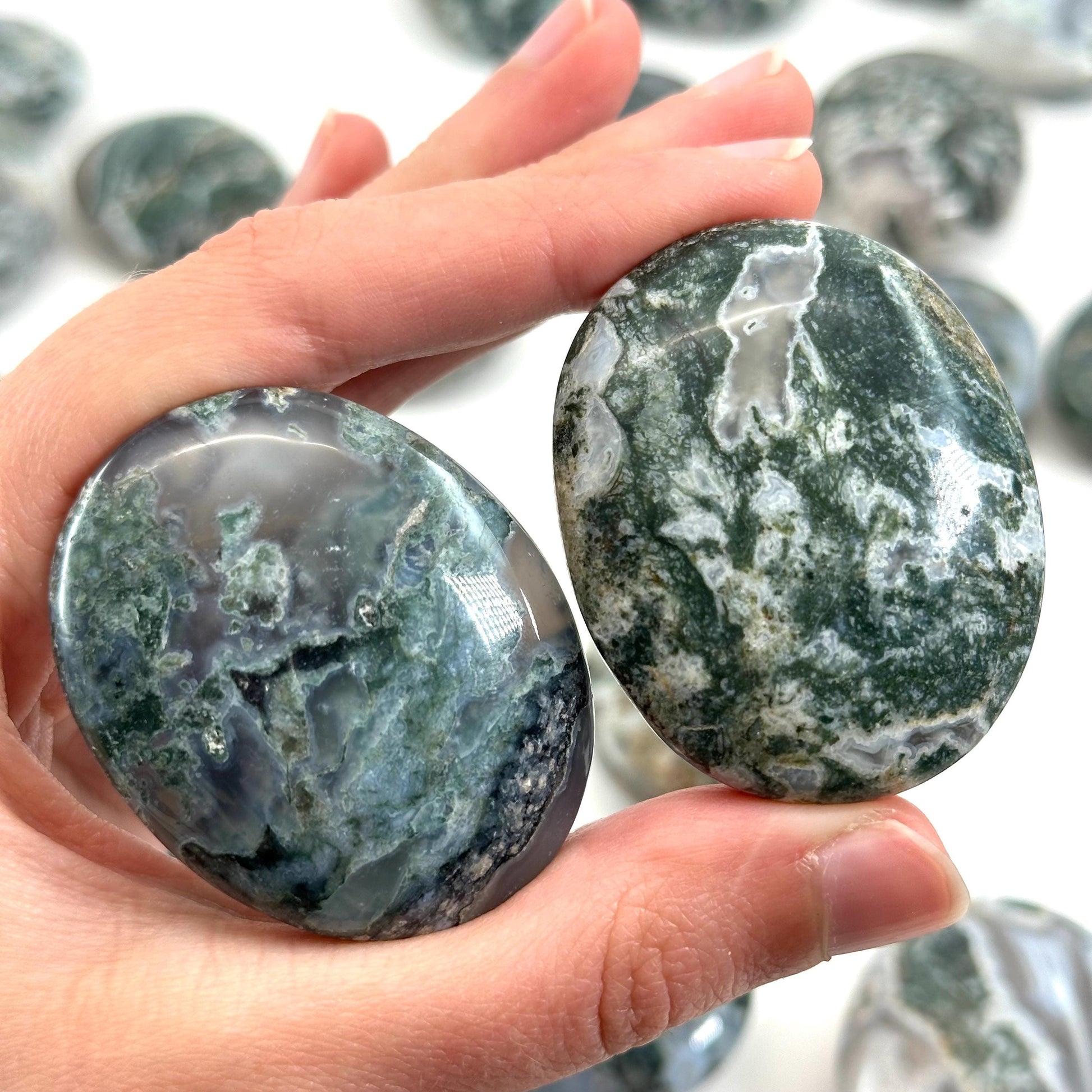 Moss Agate Palm Stone, green moss agate, crystal palm stone, worry stone, polished moss agate
