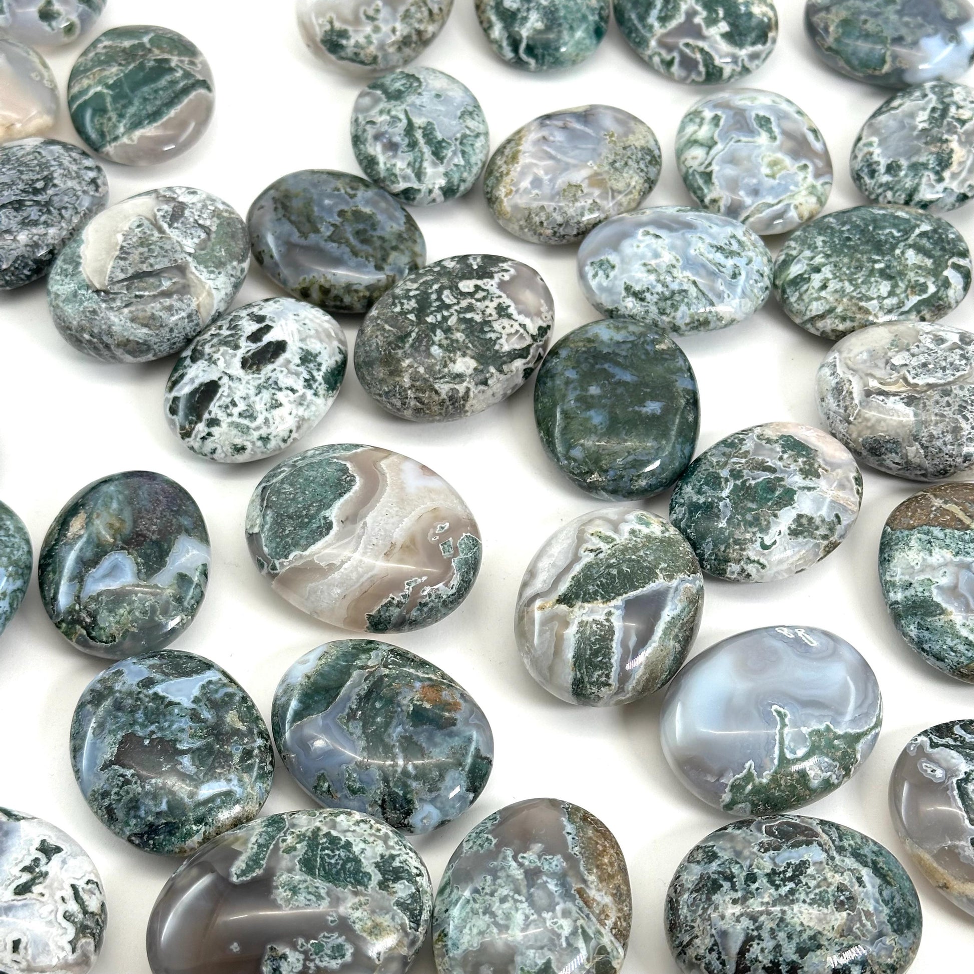 Moss Agate Palm Stone, green moss agate, crystal palm stone, worry stone, polished moss agate