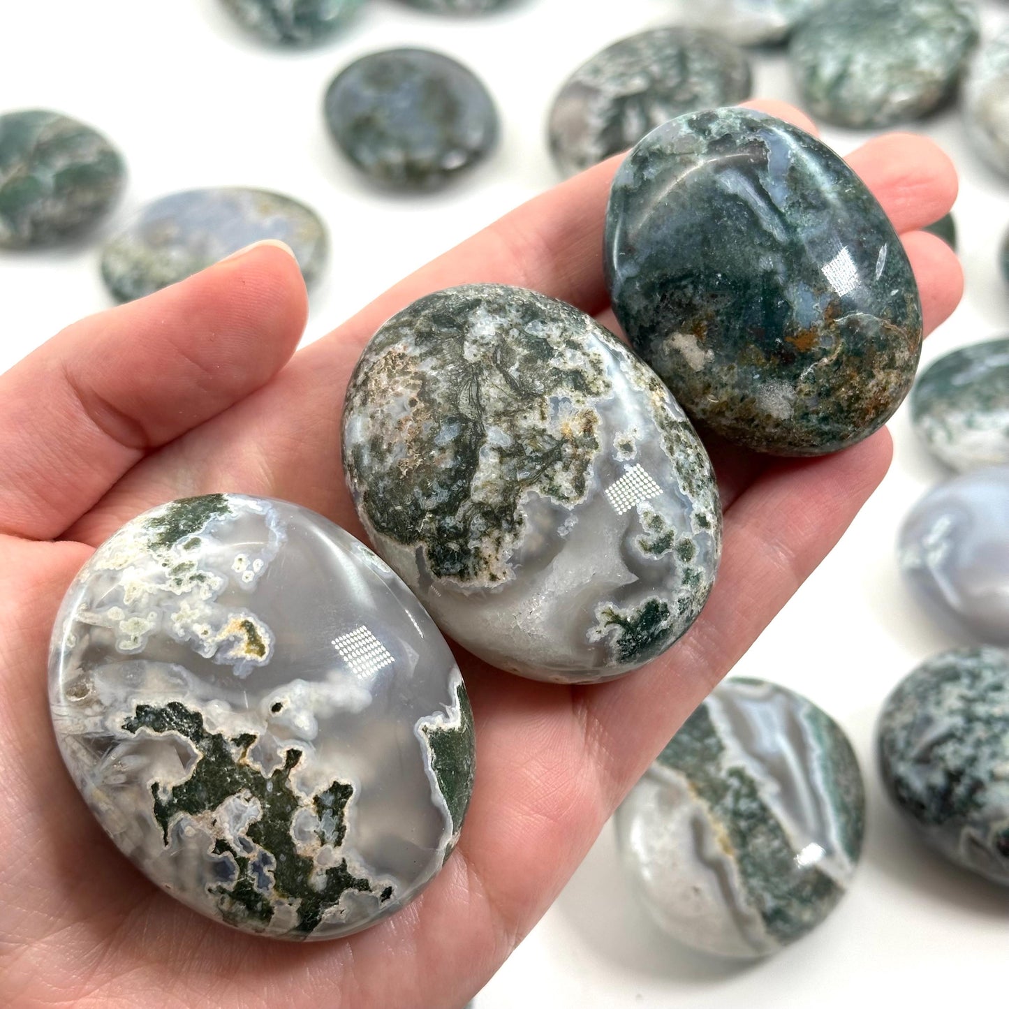 Moss Agate Palm Stone, green moss agate, crystal palm stone, worry stone, polished moss agate