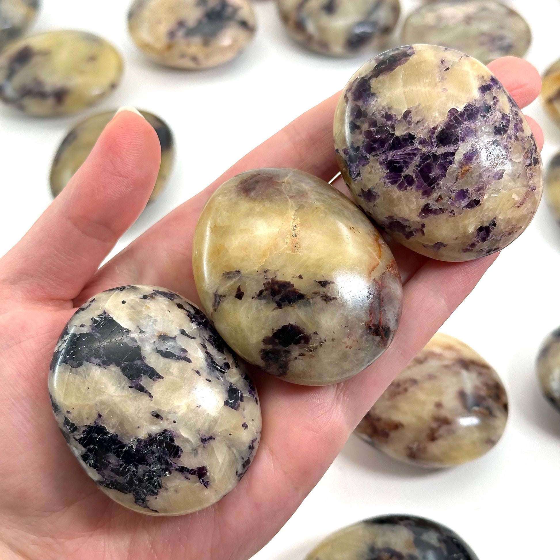 Anhydrite in Calcite Palm Stone | Rare Purple & Yellow Crystal Worry Stone (Crown Chakra)