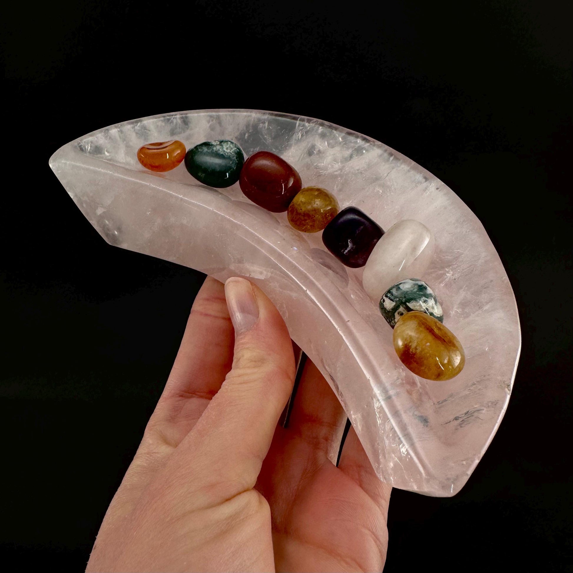 Rose Quartz Moon Bowl | Polished Crystal Trinket Dish