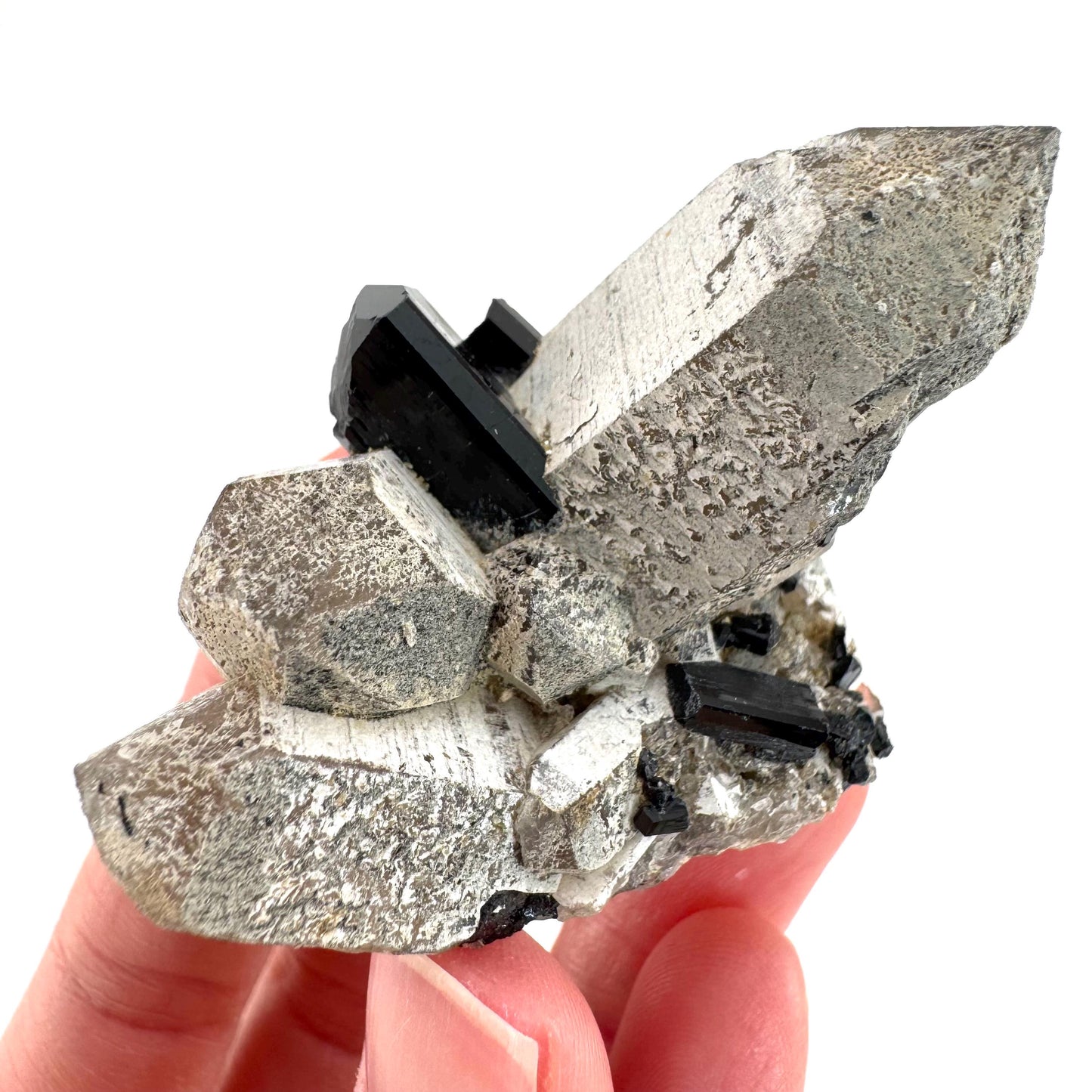 Black Tourmaline on Smoky Quartz | schorl crystal cluster, mineral specimen from Namibia