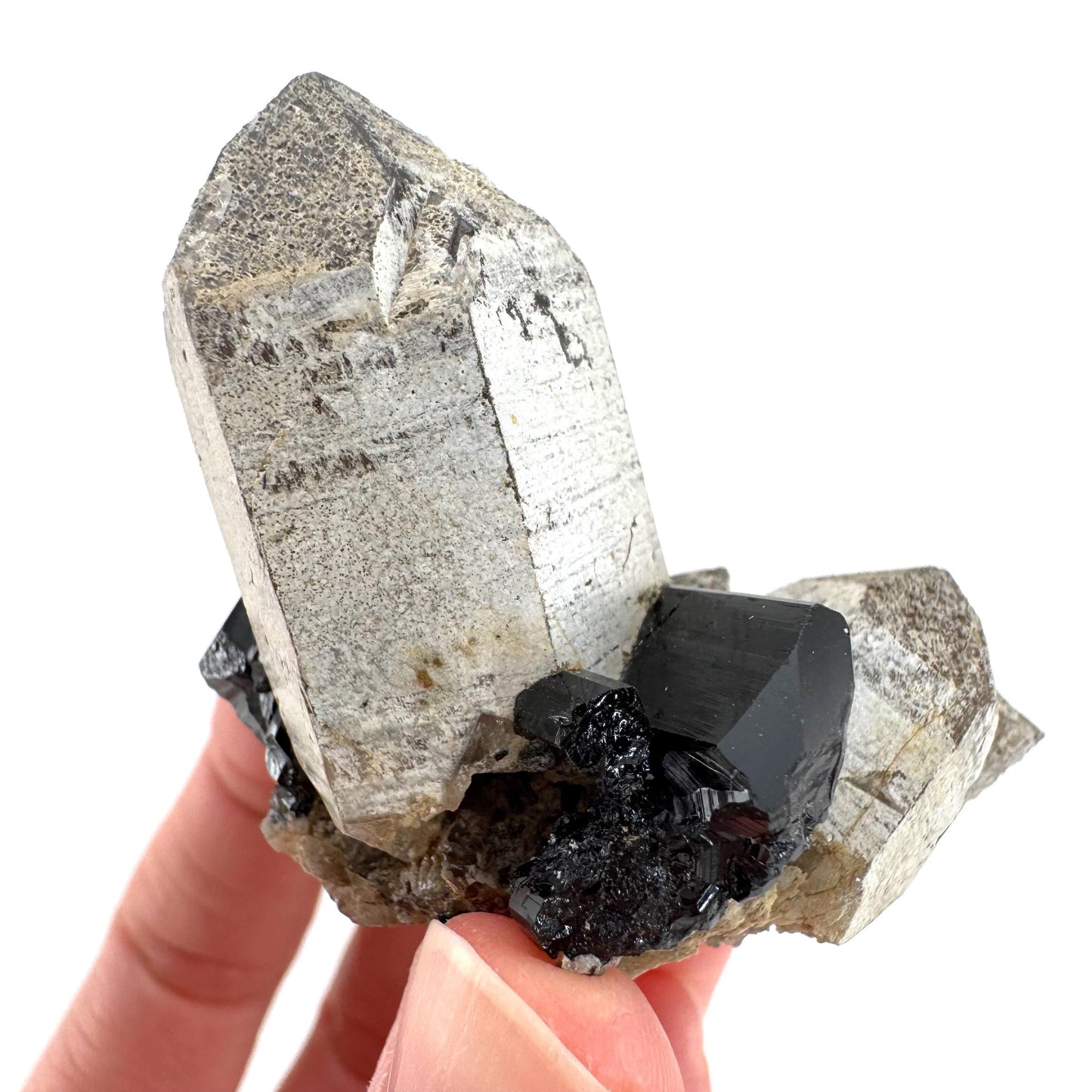 Black Tourmaline on Smoky Quartz | schorl crystal cluster, mineral specimen from Namibia
