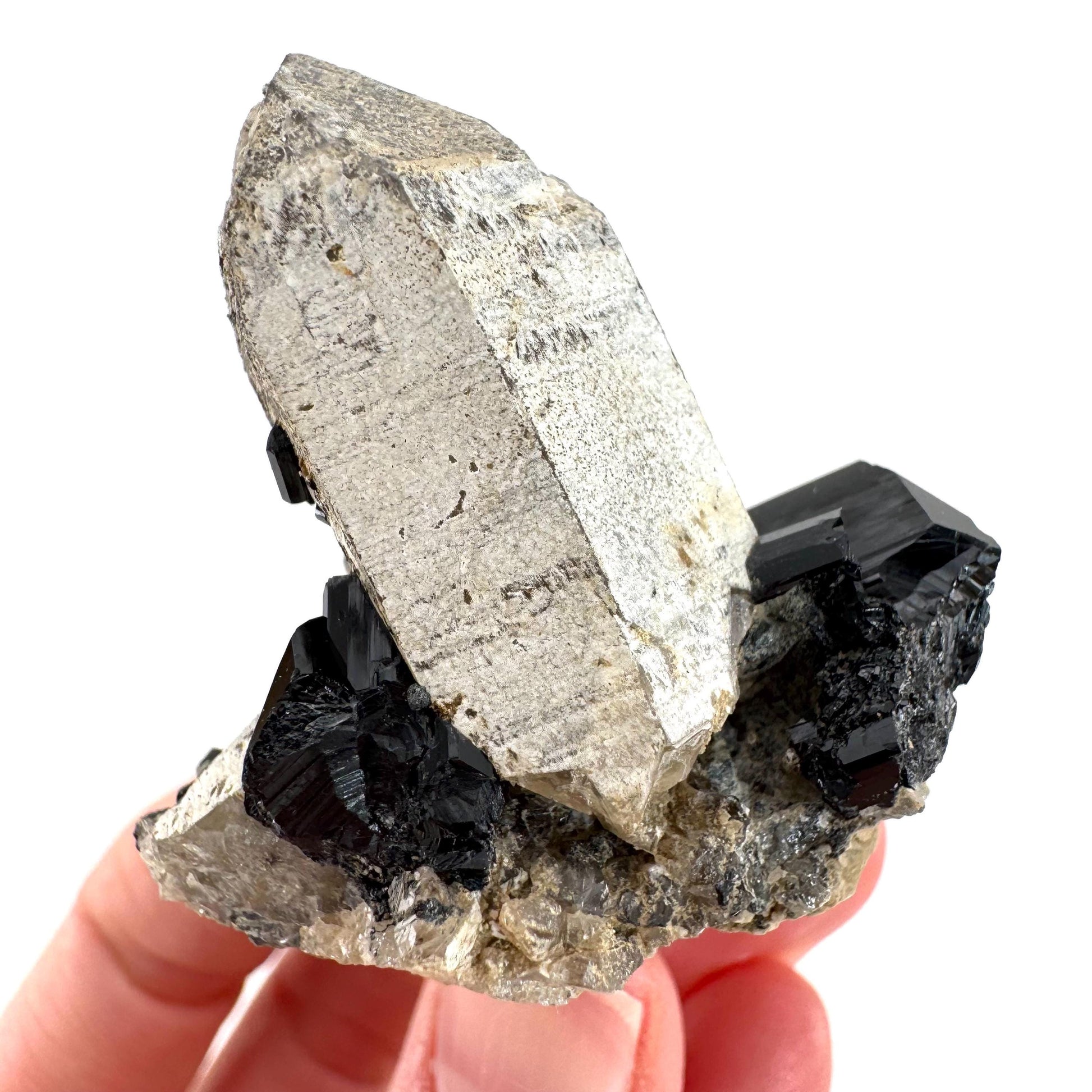 Black Tourmaline on Smoky Quartz | schorl crystal cluster, mineral specimen from Namibia