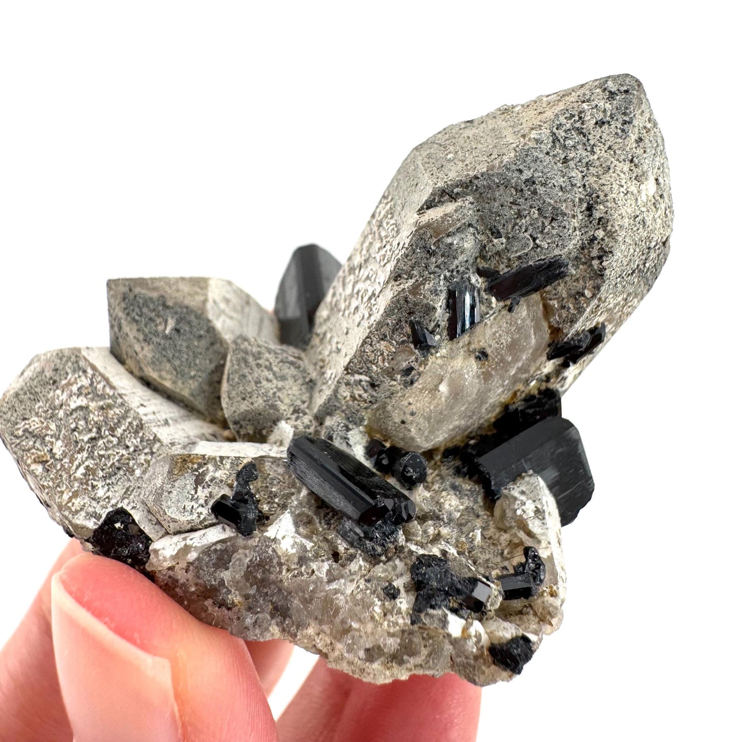 Black Tourmaline on Smoky Quartz | schorl crystal cluster, mineral specimen from Namibia
