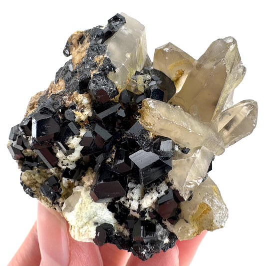 Black Tourmaline on Smoky Quartz | schorl crystal cluster, mineral specimen from Namibia