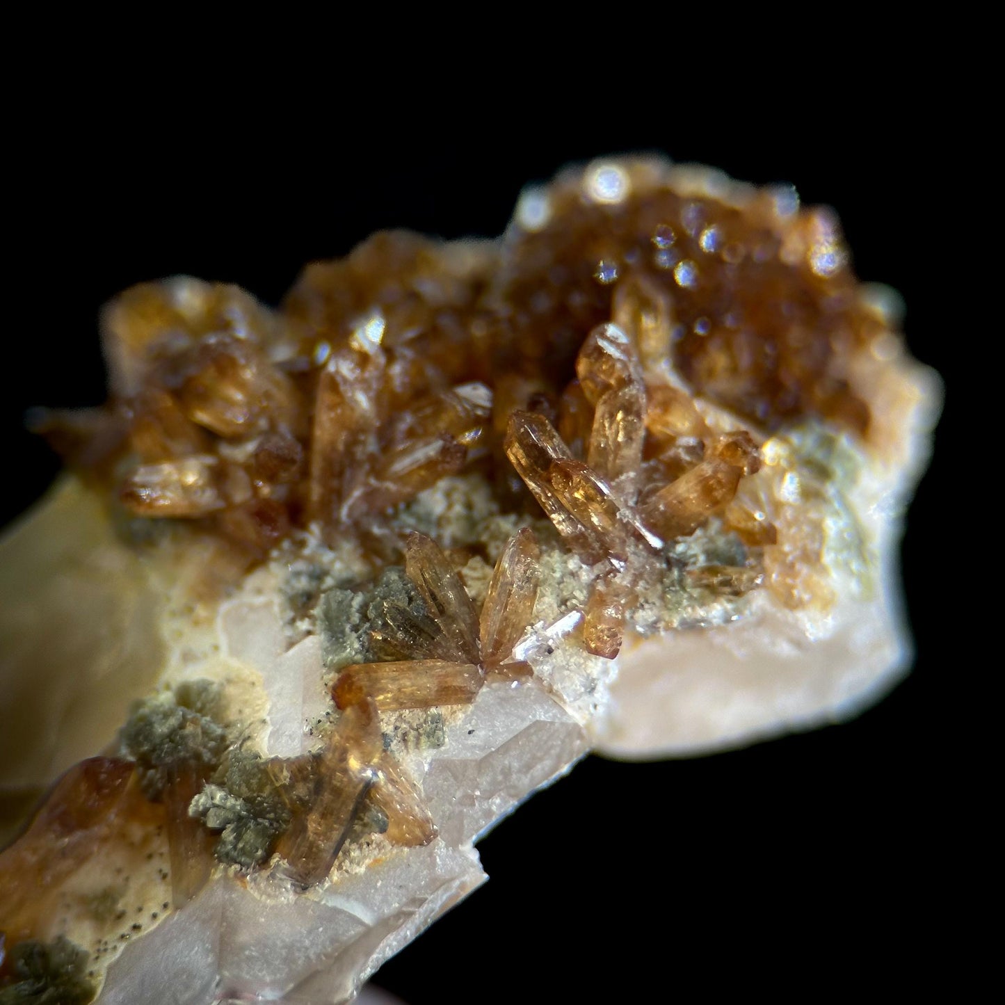 Eosphorite w/ Roscherite on Quartz | brown & green crystal, rare mineral specimen from Brazil