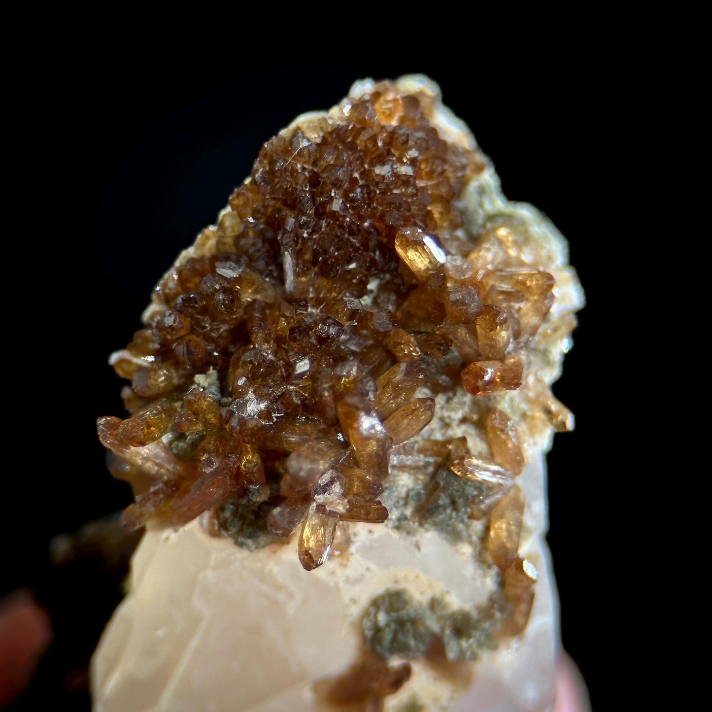 Eosphorite w/ Roscherite on Quartz | brown & green crystal, rare mineral specimen from Brazil