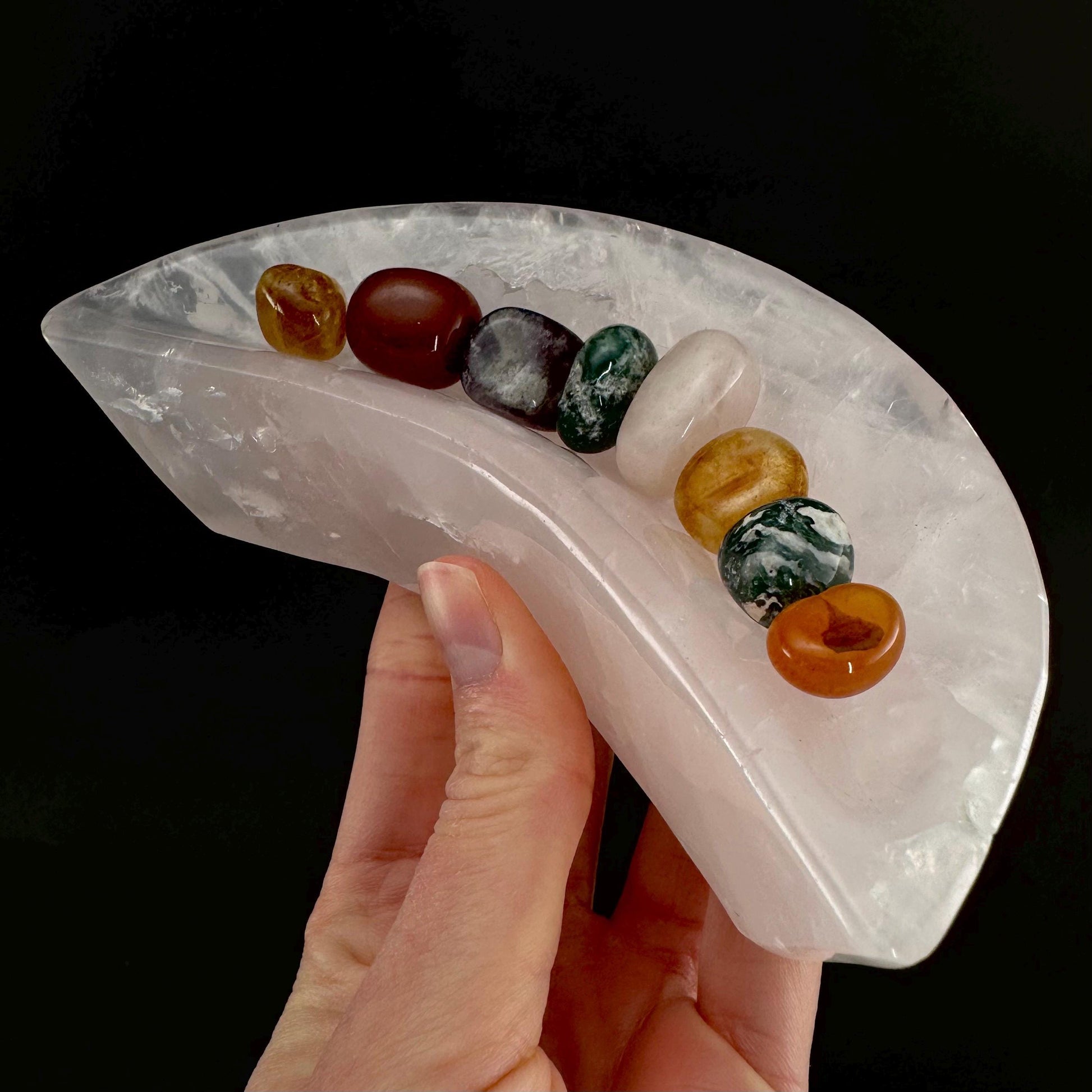 Rose Quartz Moon Bowl | Polished Crystal Trinket Dish