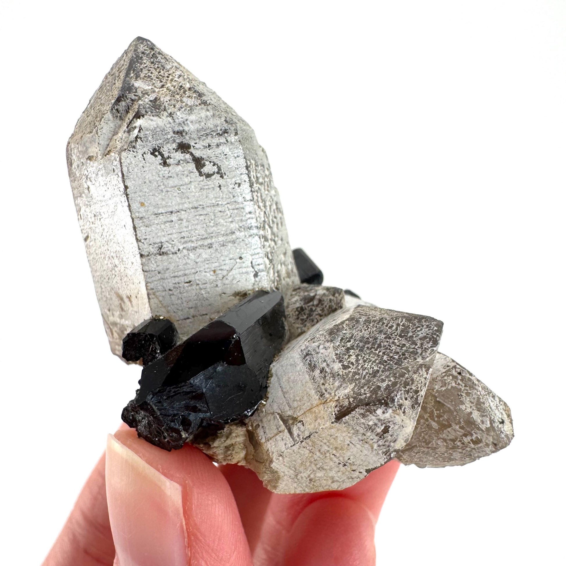Black Tourmaline on Smoky Quartz | schorl crystal cluster, mineral specimen from Namibia