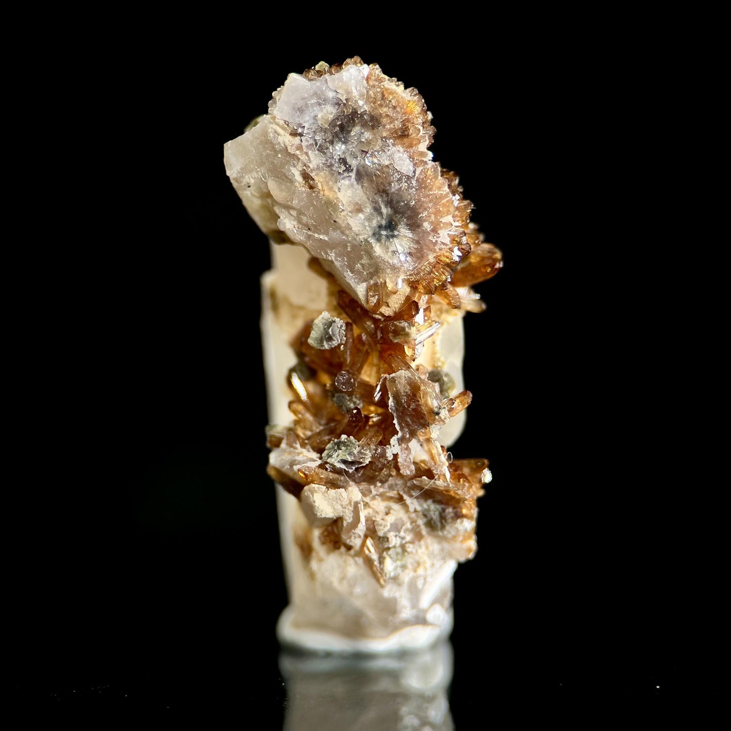 Eosphorite w/ Roscherite on Quartz | brown & green crystal, rare mineral specimen from Brazil