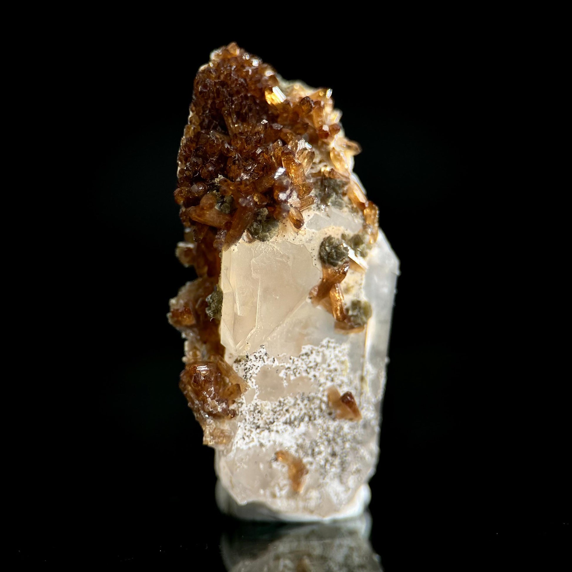 Eosphorite w/ Roscherite on Quartz | brown & green crystal, rare mineral specimen from Brazil