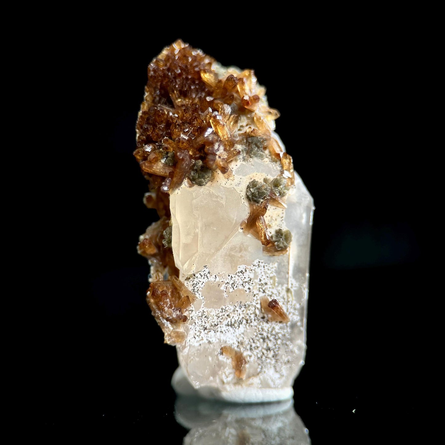 Eosphorite w/ Roscherite on Quartz | brown & green crystal, rare mineral specimen from Brazil
