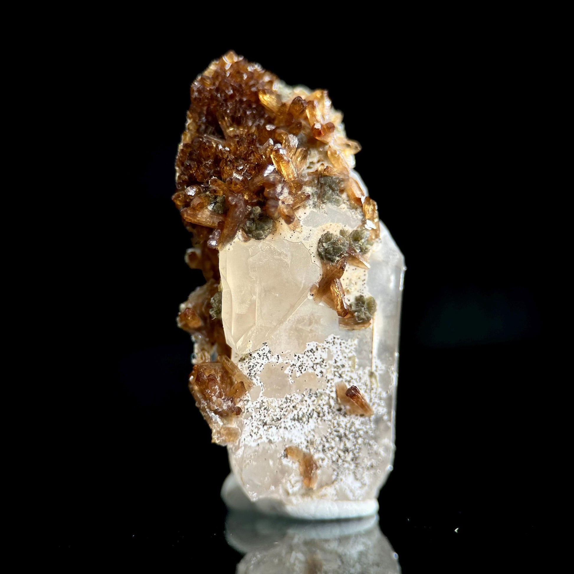 Eosphorite w/ Roscherite on Quartz | brown & green crystal, rare mineral specimen from Brazil