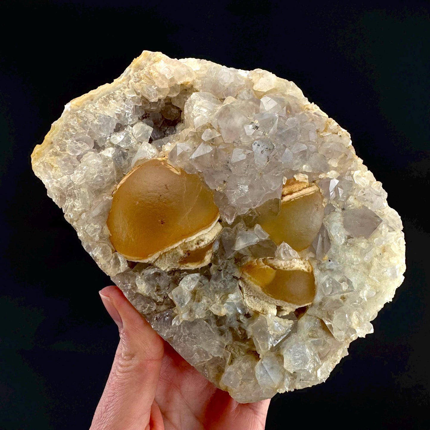 Botryoidal Fluorite on Quartz | yellow fried egg crystal, mineral specimen