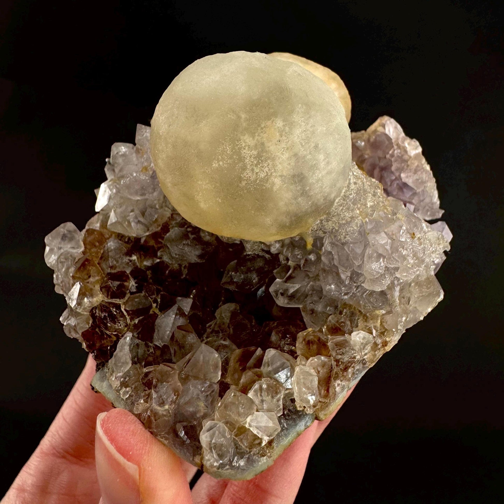 Botryoidal Fluorite on Quartz | yellow fried egg crystal, mineral specimen