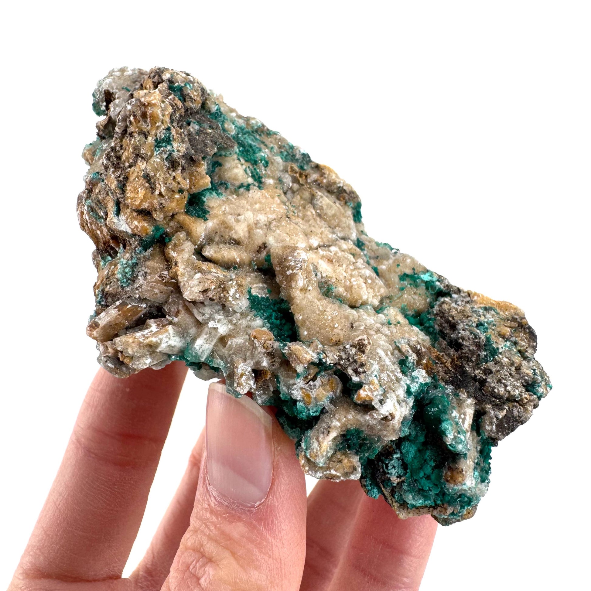 Chrysocolla w/ Malachite on Barite | blue crystal, mineral specimen from DR Congo