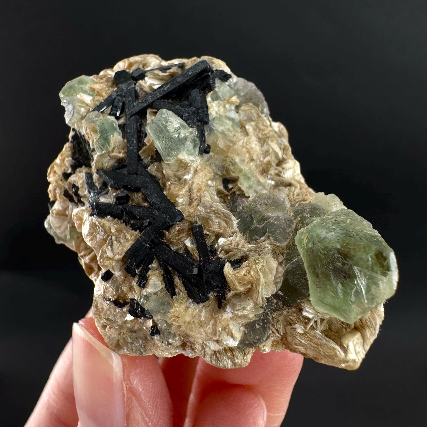 Fluorite w/ Schorl, & Muscovite | Lollipop Pocket, green crystal cluster, mineral specimen from Namibia