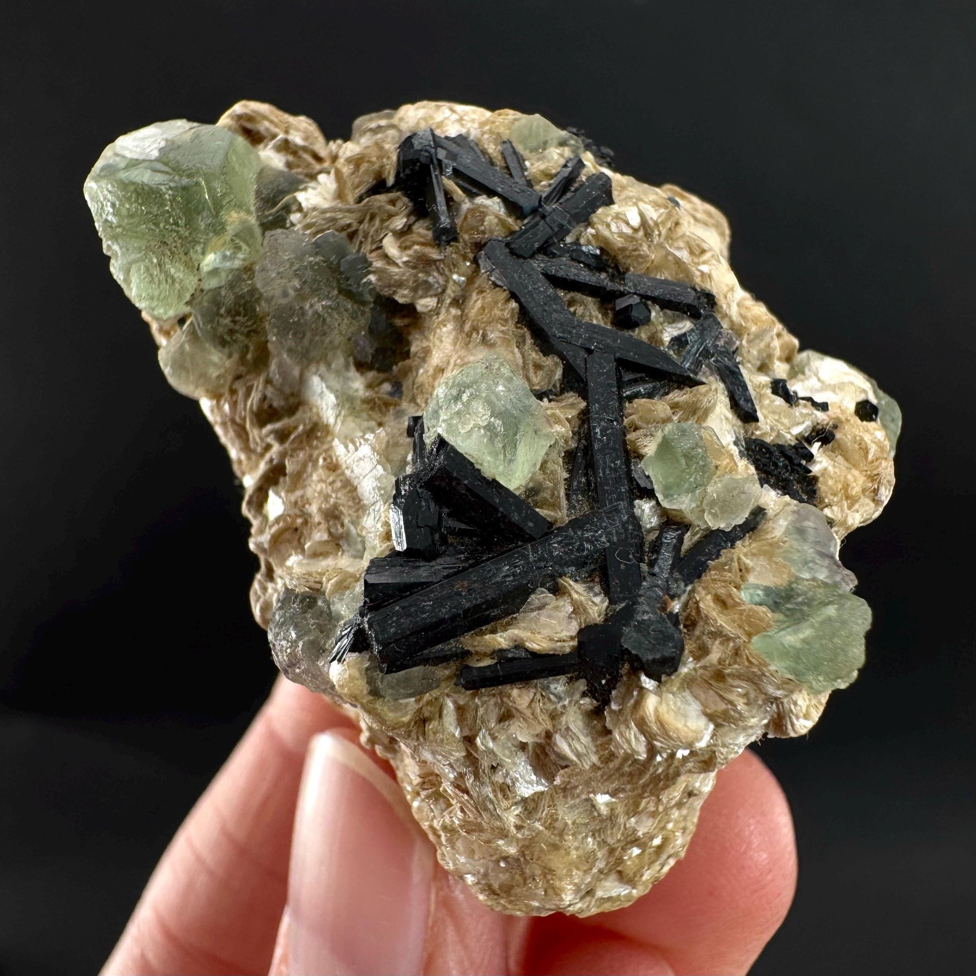Fluorite w/ Schorl, & Muscovite | Lollipop Pocket, green crystal cluster, mineral specimen from Namibia