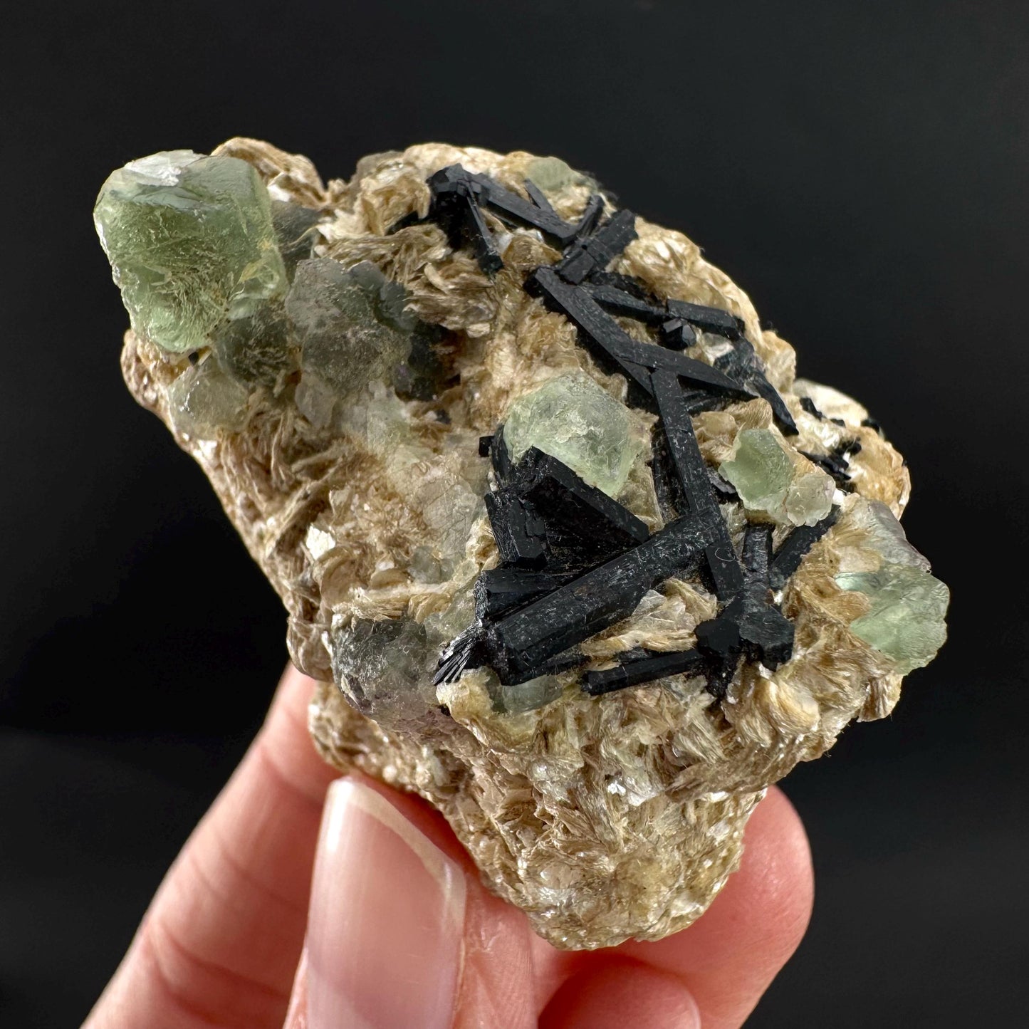 Fluorite w/ Schorl, & Muscovite | Lollipop Pocket, green crystal cluster, mineral specimen from Namibia