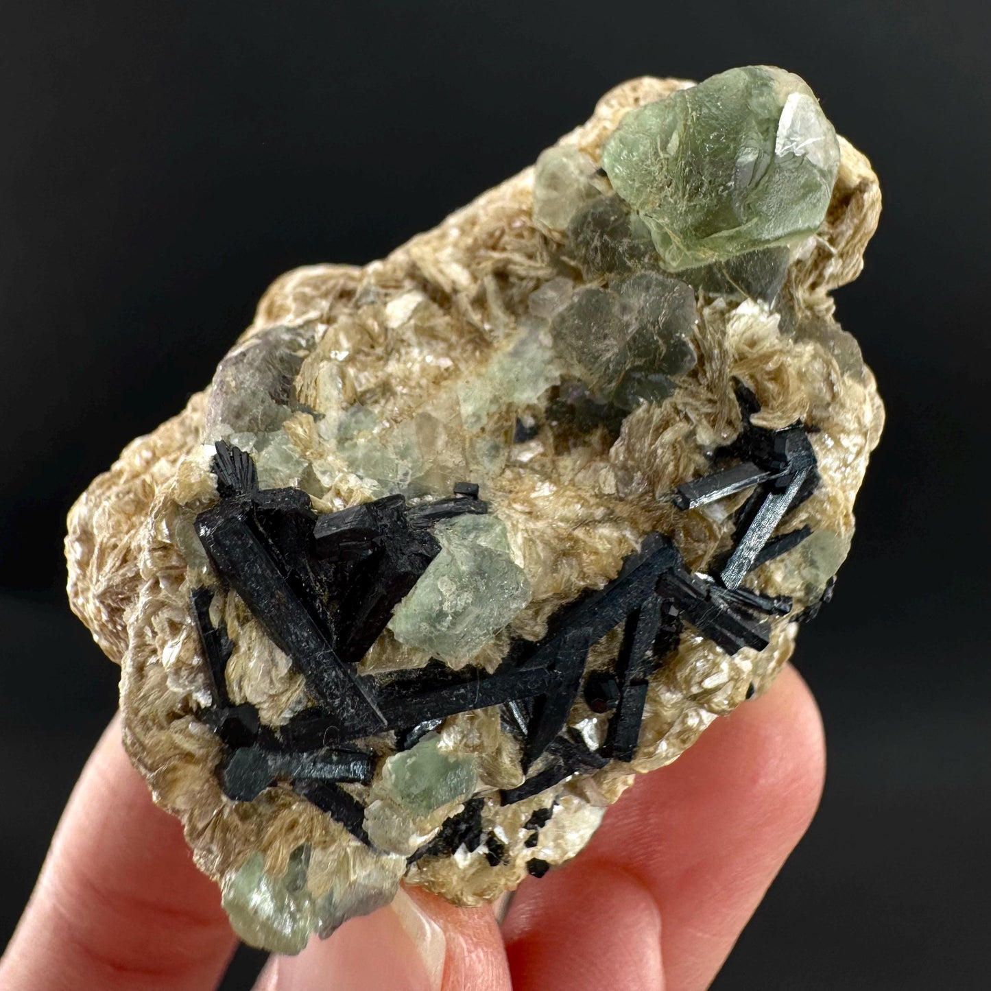 Fluorite w/ Schorl, & Muscovite | Lollipop Pocket, green crystal cluster, mineral specimen from Namibia