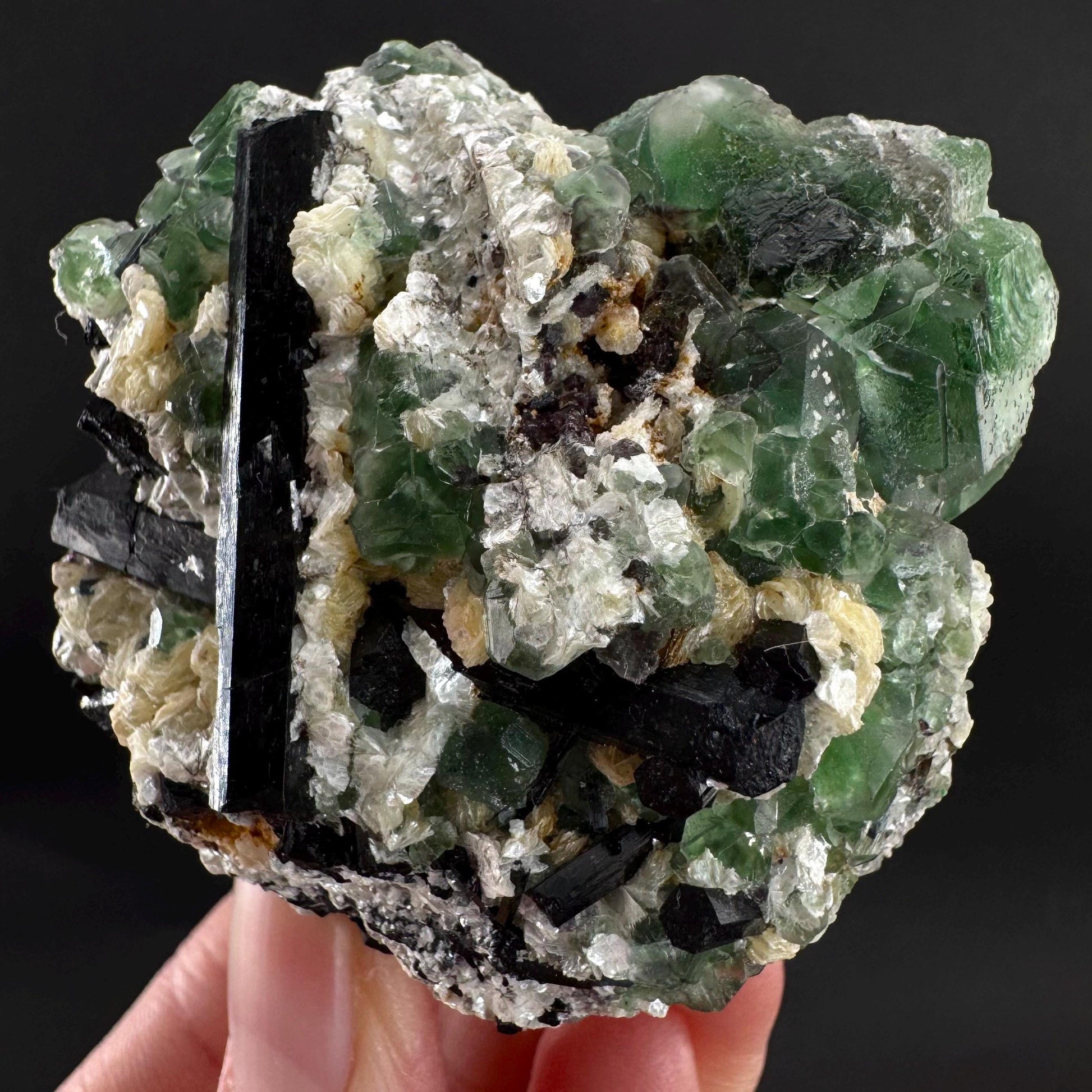 Fluorite w/ Schorl, & Muscovite | Lollipop Pocket, green crystal cluster, mineral specimen from Namibia