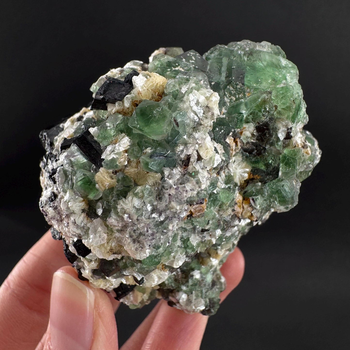 Fluorite w/ Schorl, & Muscovite | Lollipop Pocket, green crystal cluster, mineral specimen from Namibia