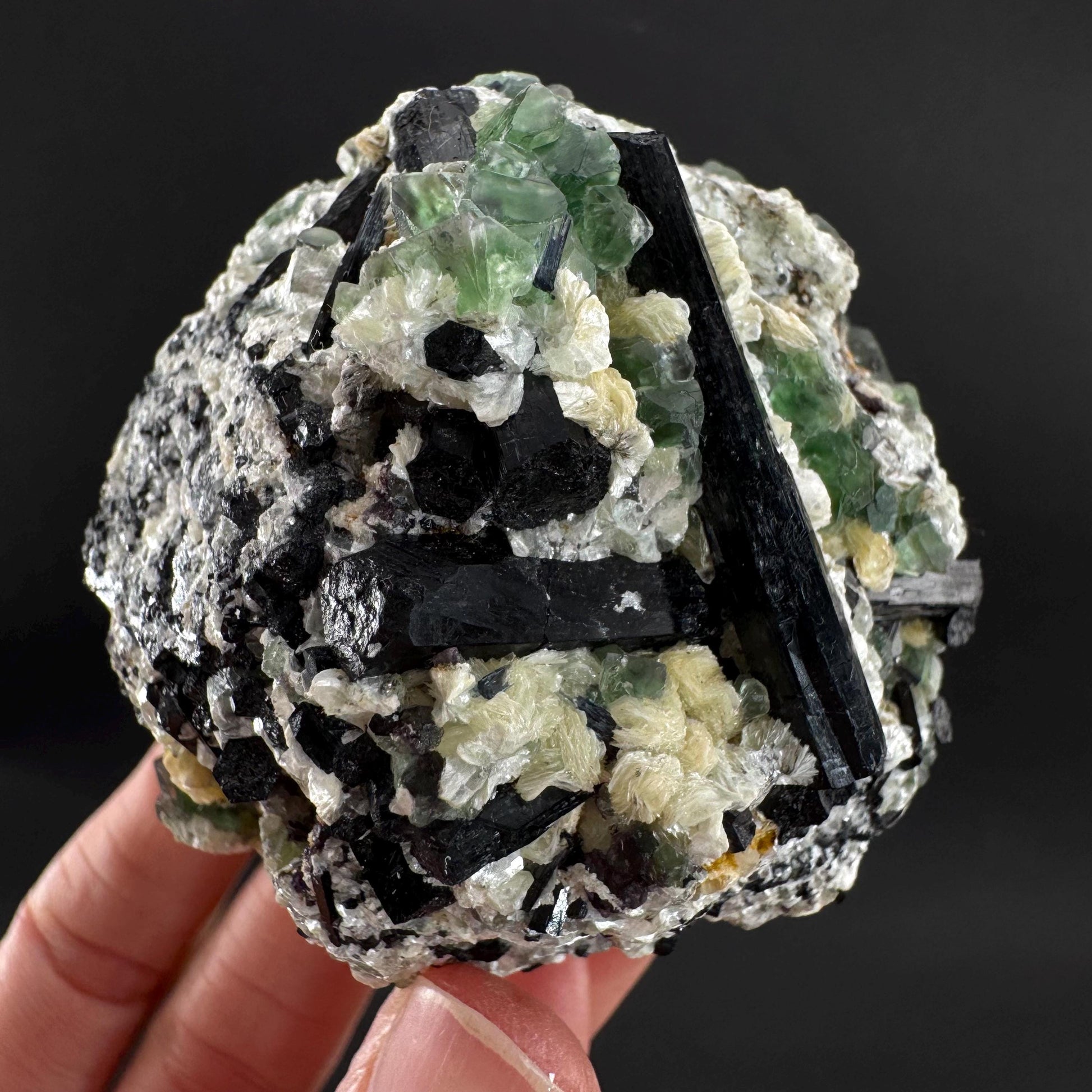 Fluorite w/ Schorl, & Muscovite | Lollipop Pocket, green crystal cluster, mineral specimen from Namibia