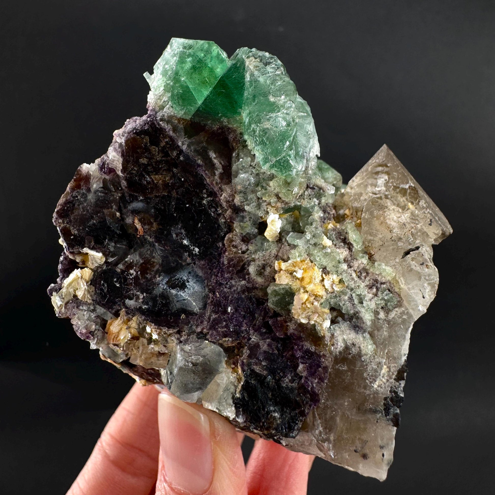 Fluorite w/ Smoky Quartz | green crystal, mineral specimen from Erongo, Namibia