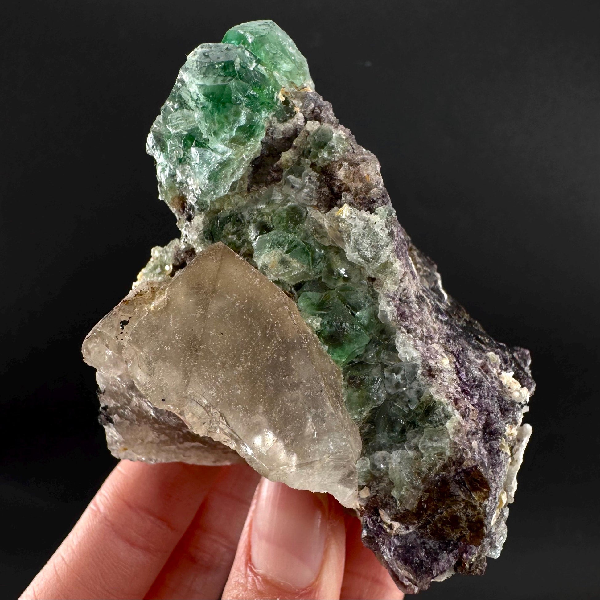 Fluorite w/ Smoky Quartz | green crystal, mineral specimen from Erongo, Namibia