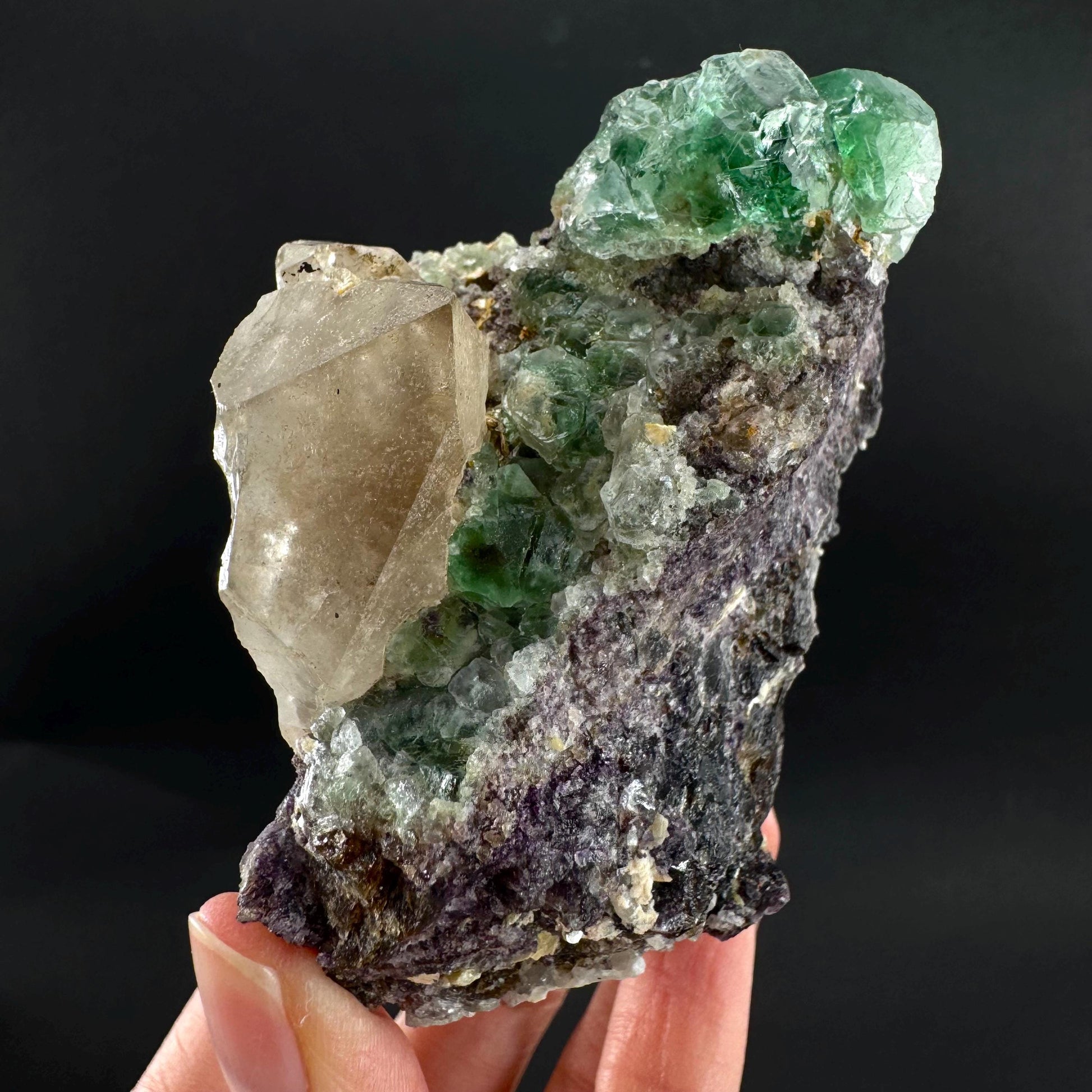 Fluorite w/ Smoky Quartz | green crystal, mineral specimen from Erongo, Namibia