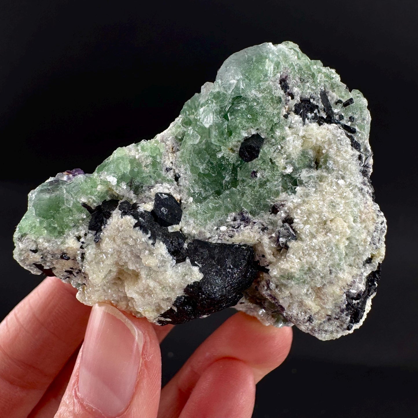 Fluorite w/ Schorl, & Muscovite | Lollipop Pocket, green crystal cluster, mineral specimen from Namibia