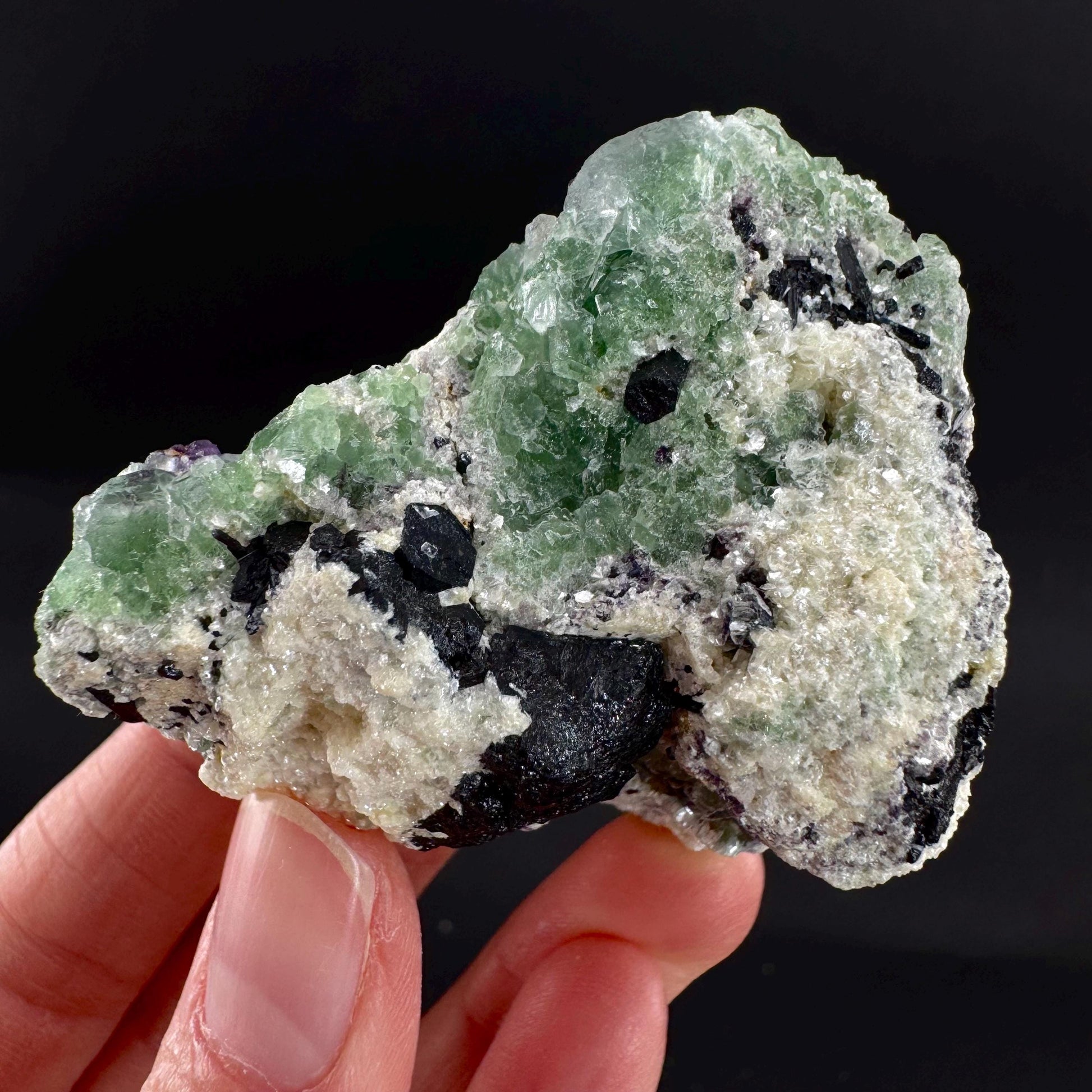 Fluorite w/ Schorl, & Muscovite | Lollipop Pocket, green crystal cluster, mineral specimen from Namibia