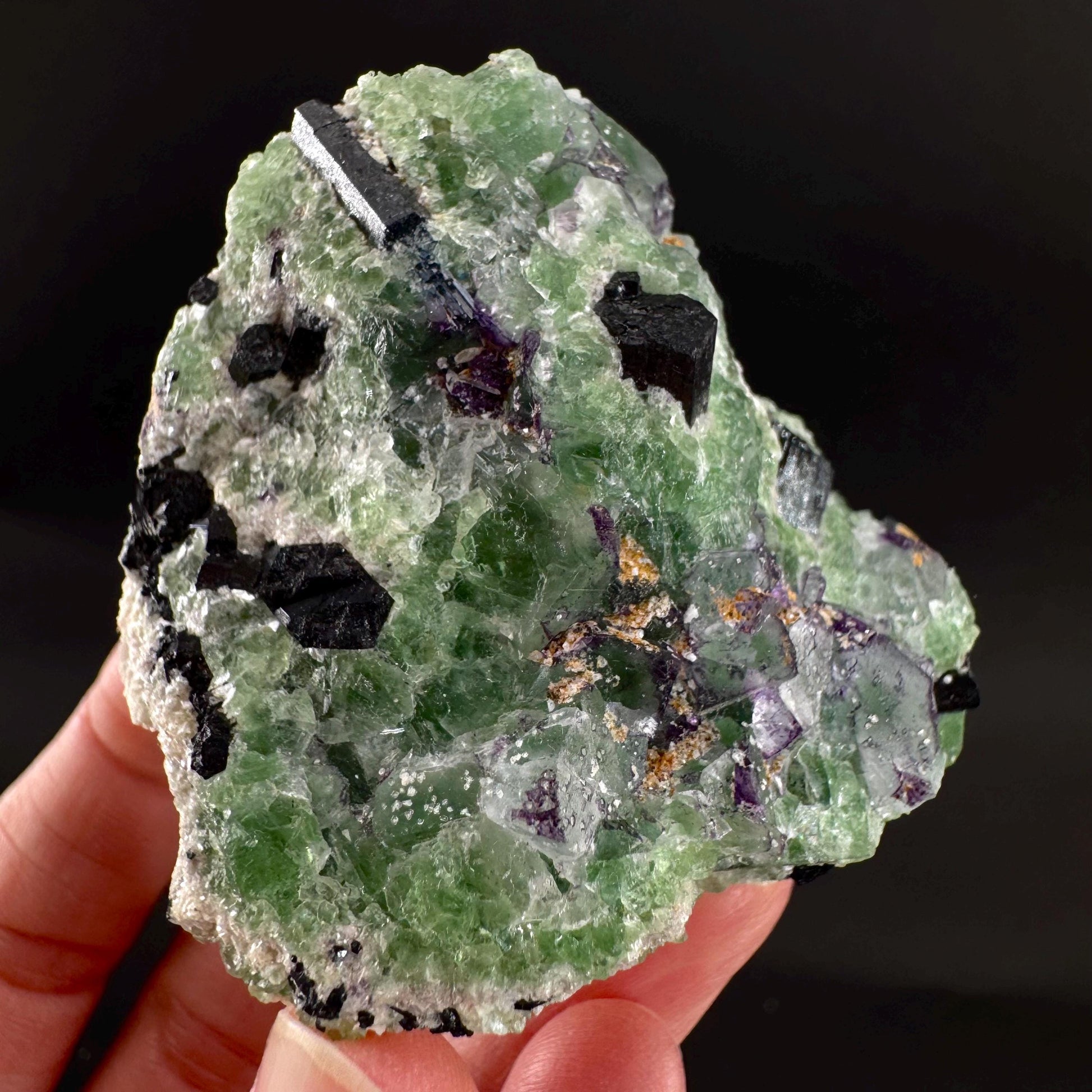 Fluorite w/ Schorl, & Muscovite | Lollipop Pocket, green crystal cluster, mineral specimen from Namibia