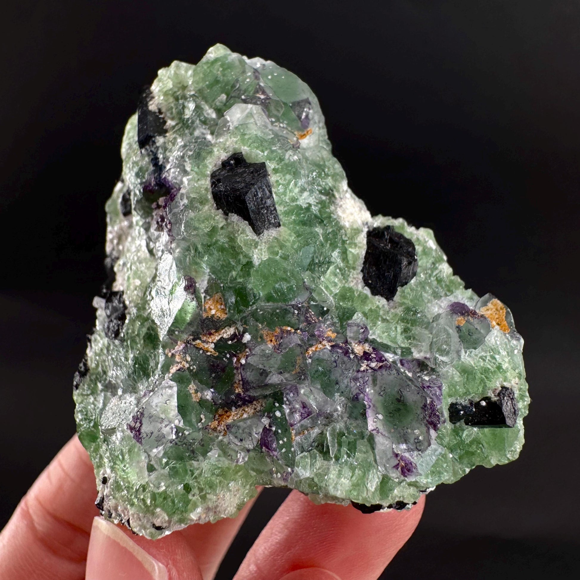 Fluorite w/ Schorl, & Muscovite | Lollipop Pocket, green crystal cluster, mineral specimen from Namibia