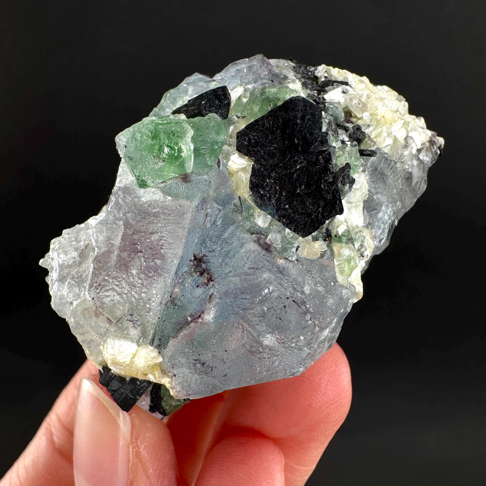 Fluorite w/ Schorl, & Muscovite | Lollipop Pocket, green crystal cluster, mineral specimen from Namibia
