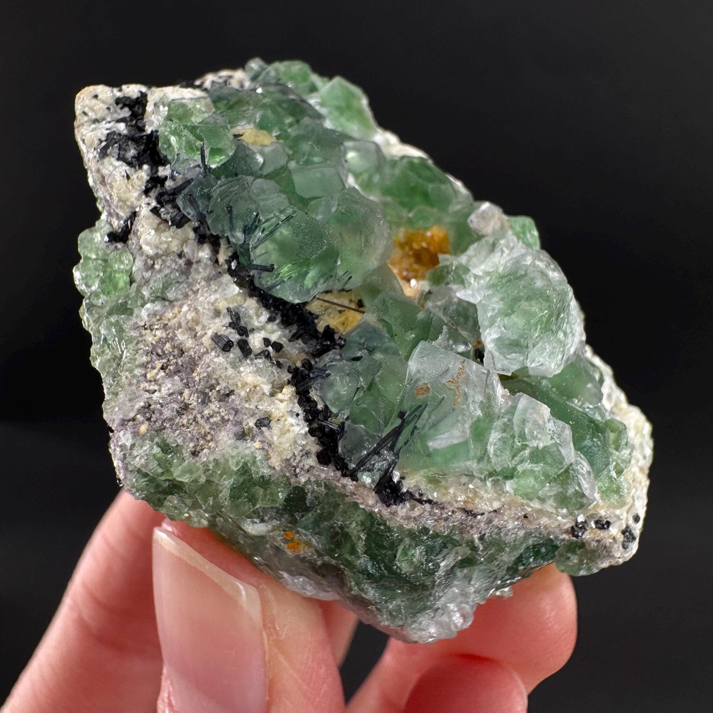 Fluorite w/ Schorl, & Muscovite | Lollipop Pocket, green crystal cluster, mineral specimen from Namibia