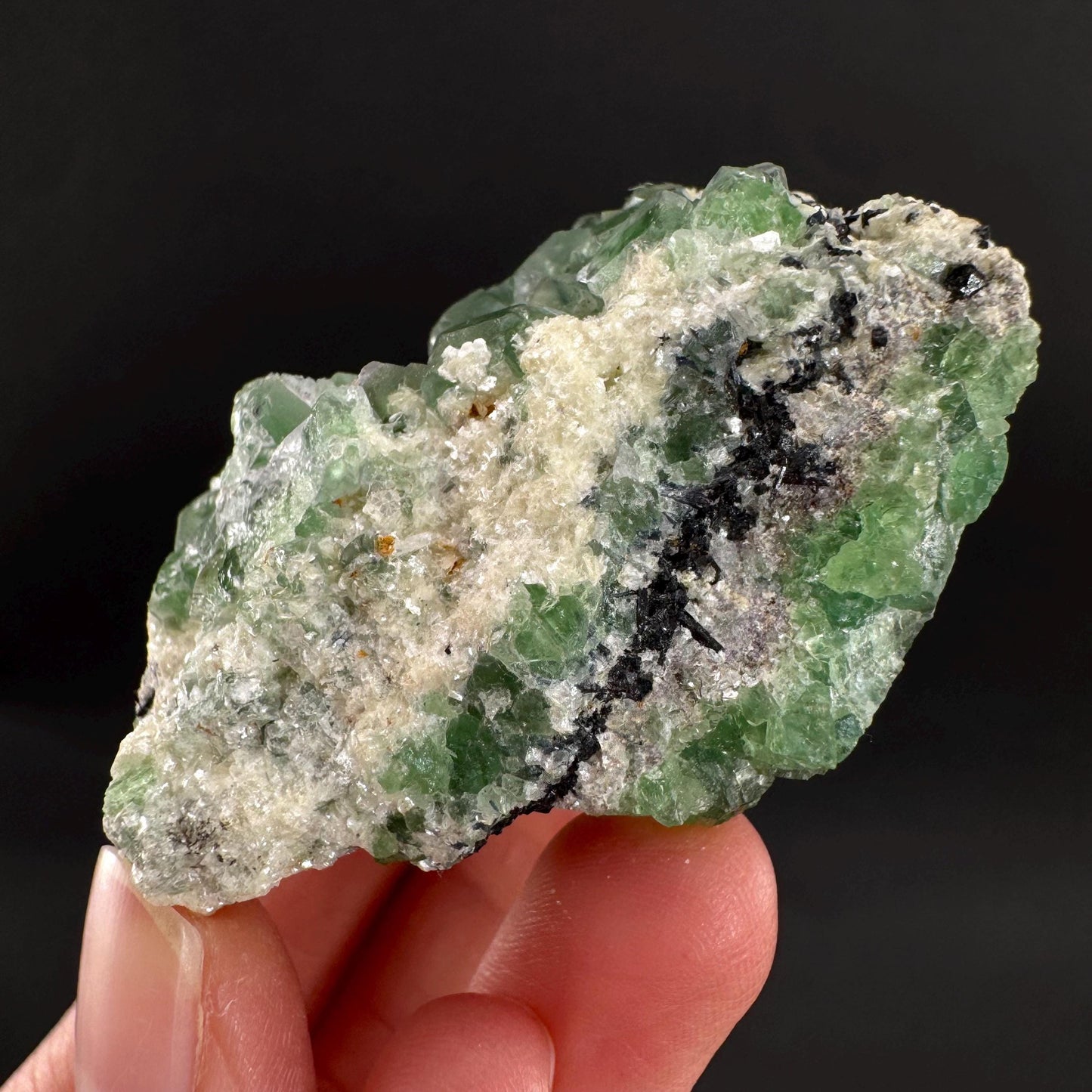 Fluorite w/ Schorl, & Muscovite | Lollipop Pocket, green crystal cluster, mineral specimen from Namibia