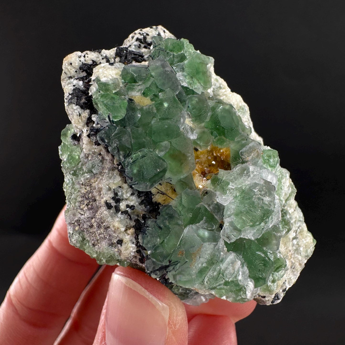 Fluorite w/ Schorl, & Muscovite | Lollipop Pocket, green crystal cluster, mineral specimen from Namibia