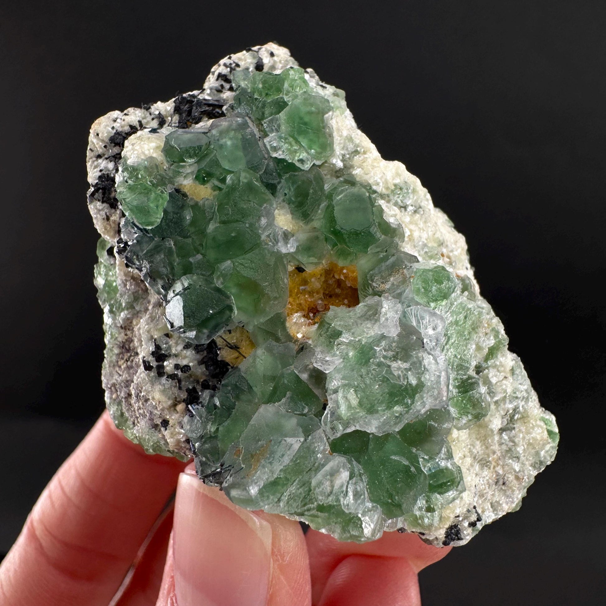 Fluorite w/ Schorl, & Muscovite | Lollipop Pocket, green crystal cluster, mineral specimen from Namibia