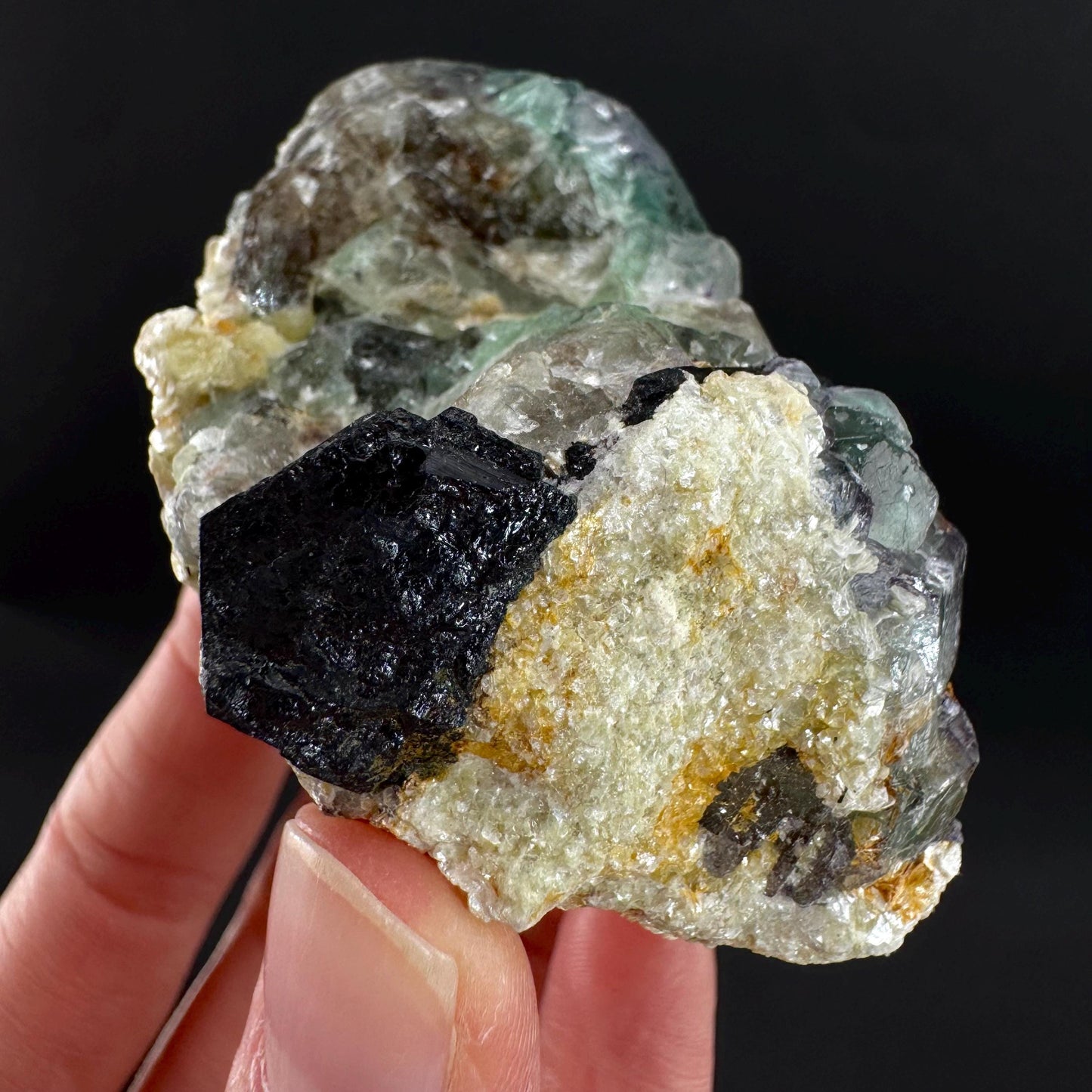 Fluorite w/ Schorl, & Muscovite | Lollipop Pocket, green crystal cluster, mineral specimen from Namibia
