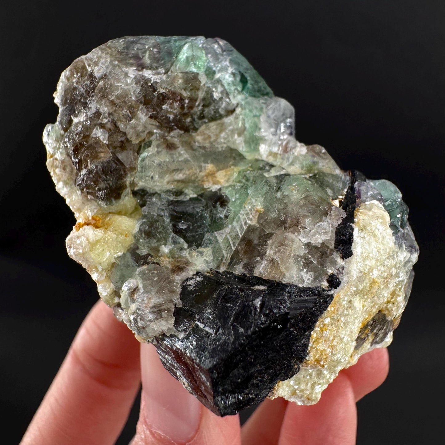 Fluorite w/ Schorl, & Muscovite | Lollipop Pocket, green crystal cluster, mineral specimen from Namibia
