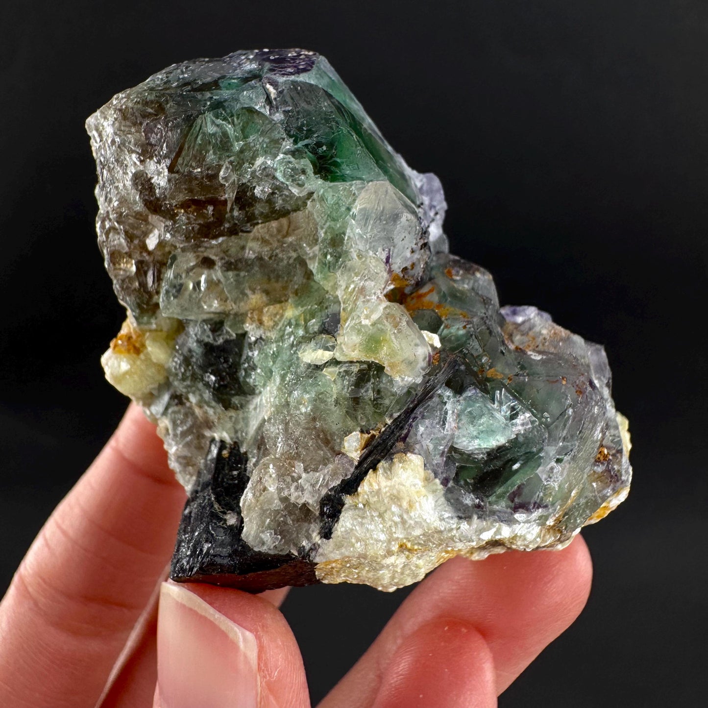 Fluorite w/ Schorl, & Muscovite | Lollipop Pocket, green crystal cluster, mineral specimen from Namibia
