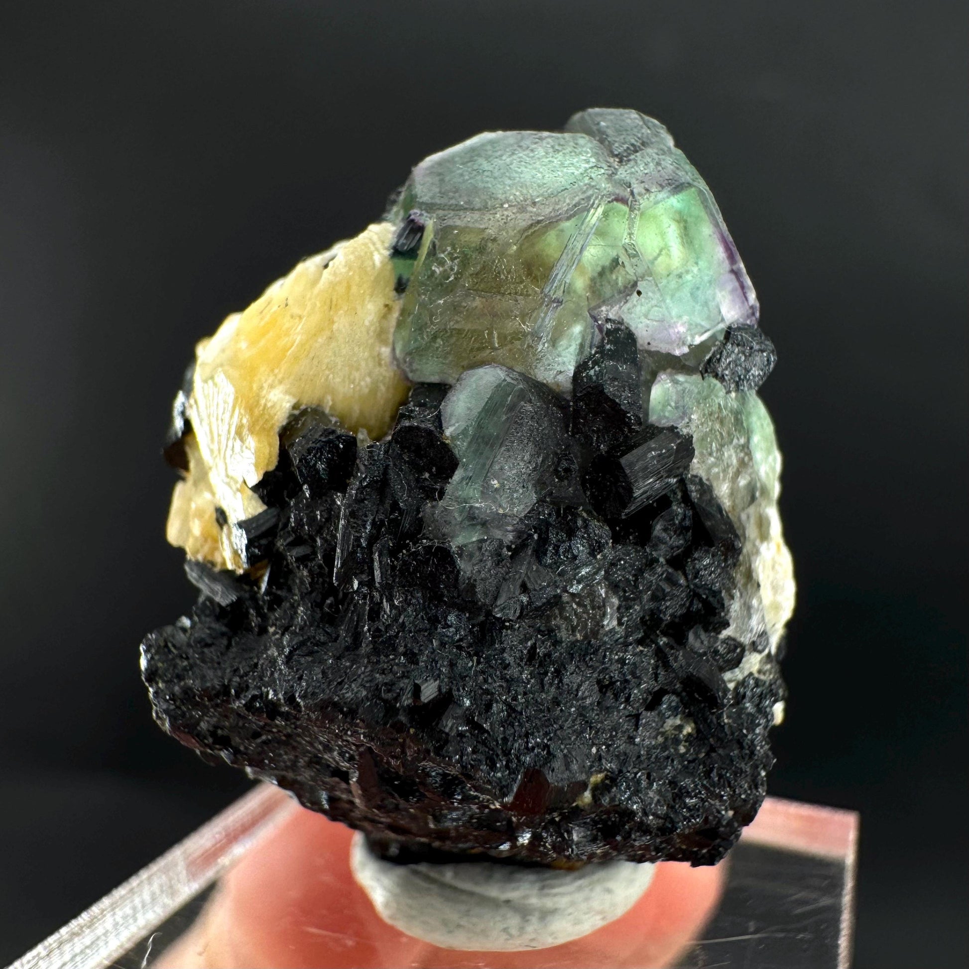 Fluorite w/ Schorl, & Muscovite | Lollipop Pocket, green crystal cluster, mineral specimen from Namibia