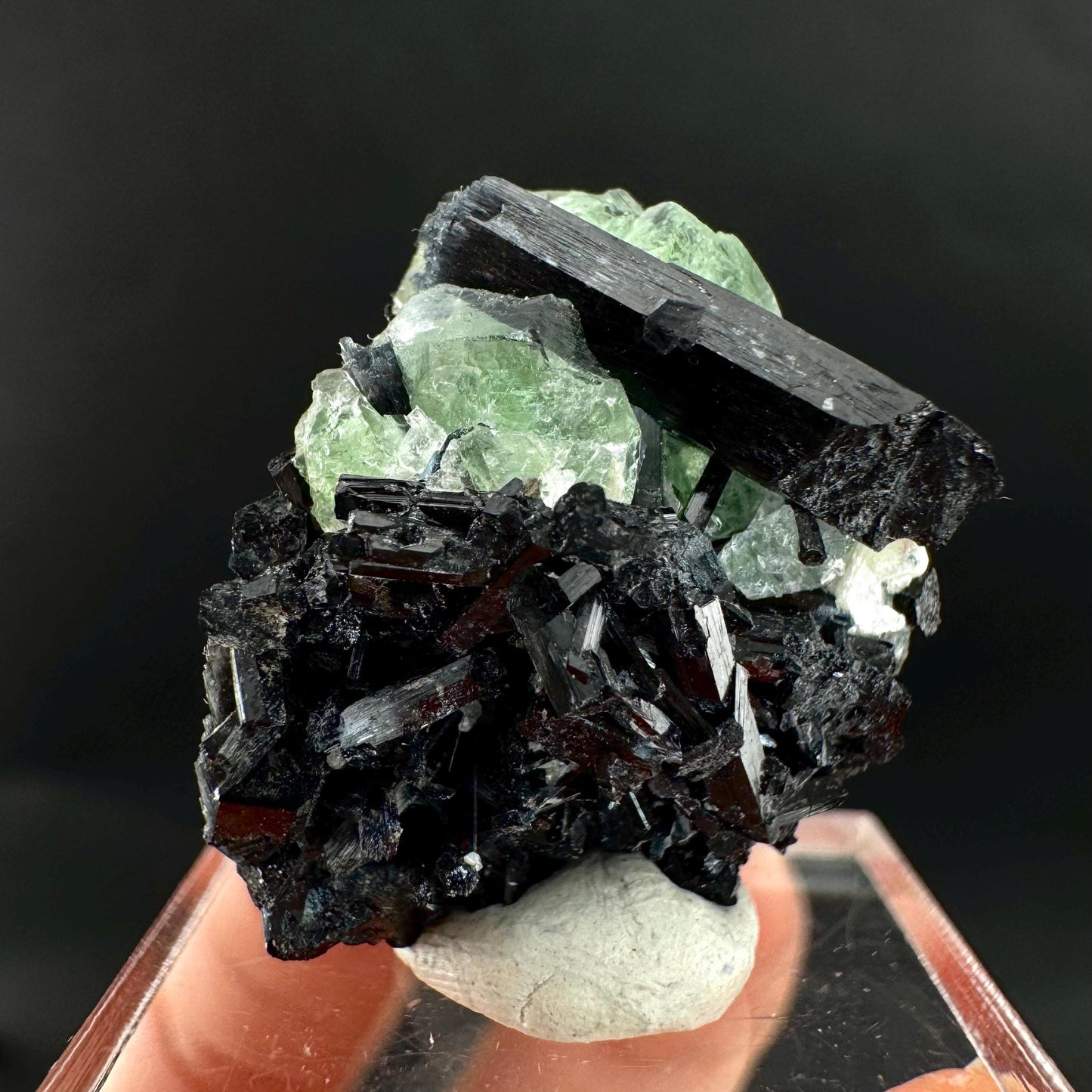 Fluorite w/ Black Tourmaline | Lollipop Pocket, green crystal, mineral specimen from Namibia