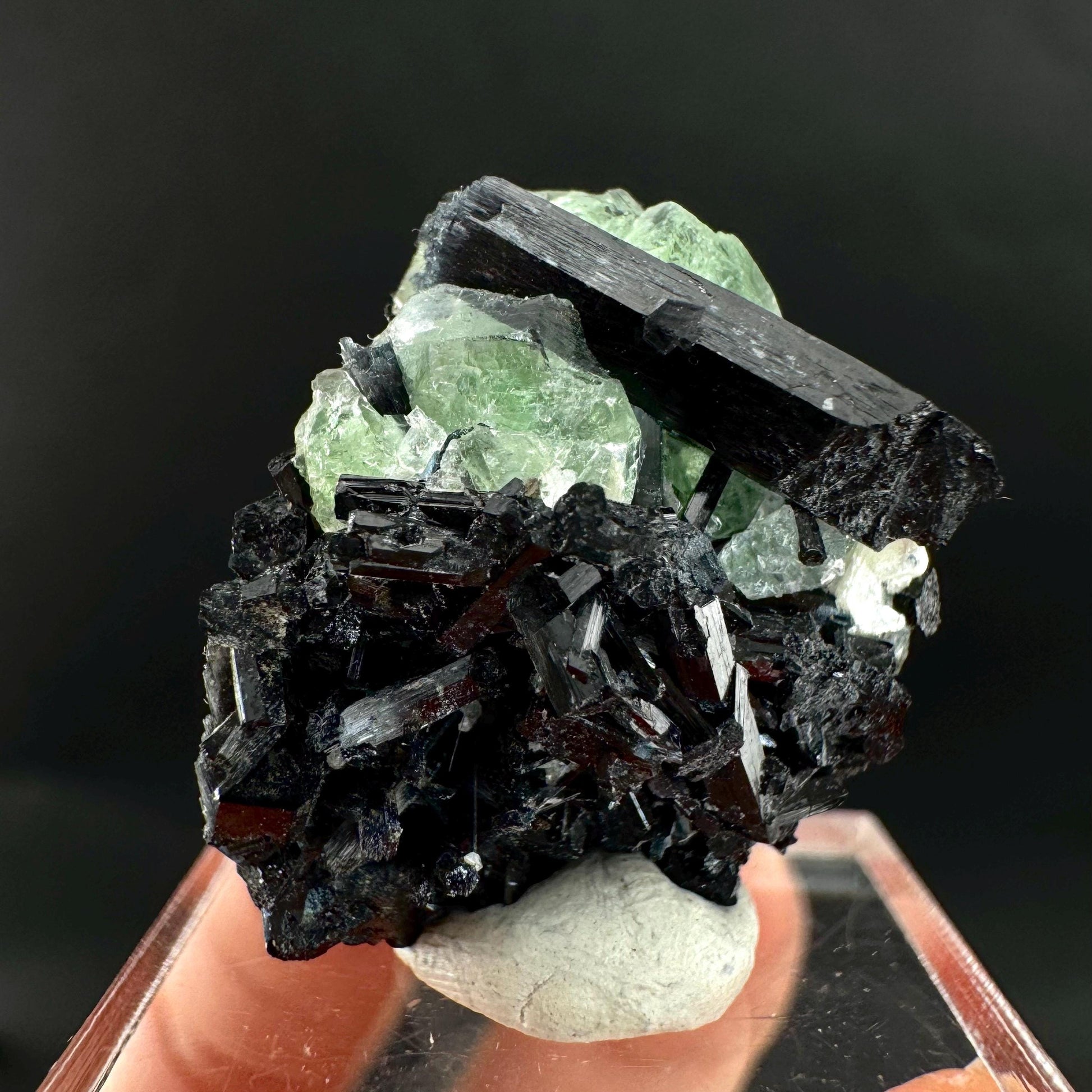 Fluorite w/ Black Tourmaline | Lollipop Pocket, green crystal, mineral specimen from Namibia
