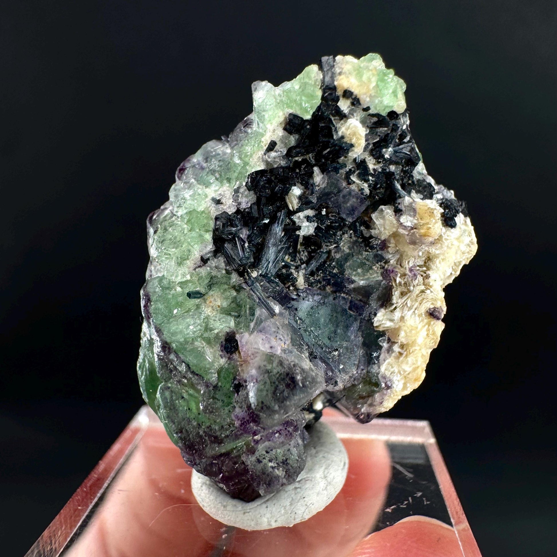 Fluorite w/ Schorl, & Muscovite | Lollipop Pocket, green crystal cluster, mineral specimen from Namibia